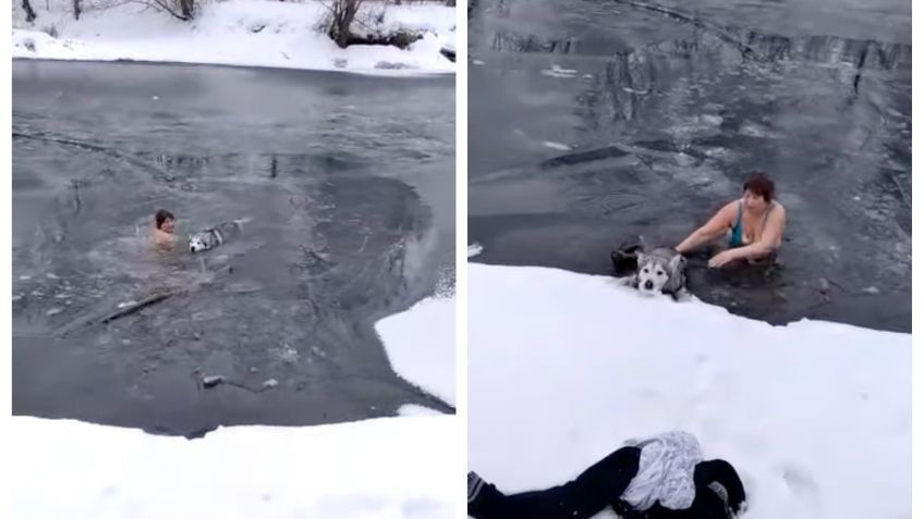 Mujer salta a río helado para salvar a un perro: VIDEO