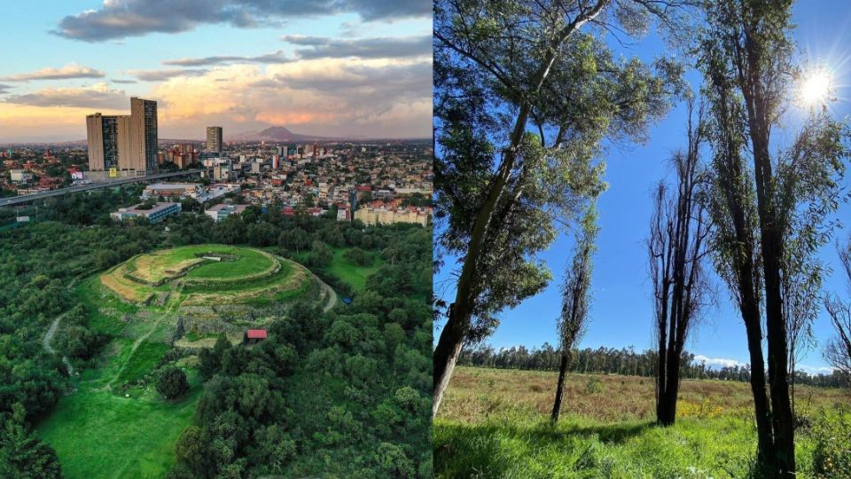 A la izquerda la Zona Arqueológica Cuicuilco, a la derecha Bosque de Tláhuac.