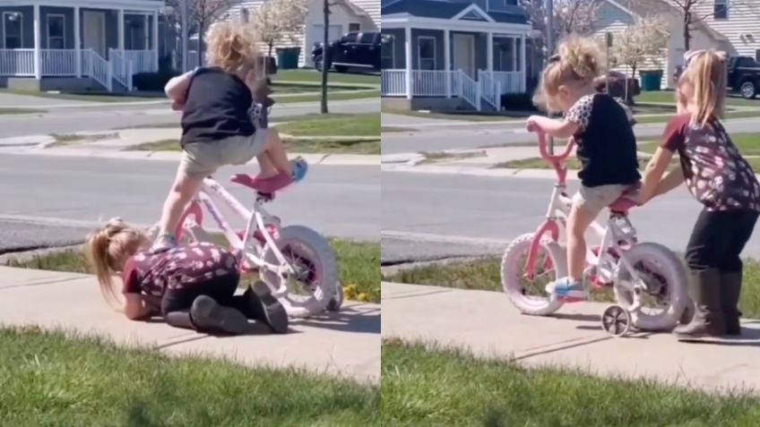 Niña demuestra que ama a su hermana y le "sirve" de escalón para que se suba a su bicicleta | VIDEO VIRAL