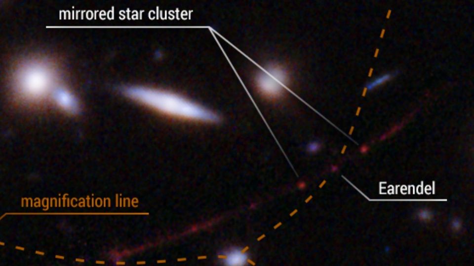 Esta vista detallada destaca la posición de la estrella Eärendel a lo largo de una onda en el espacio-tiempo