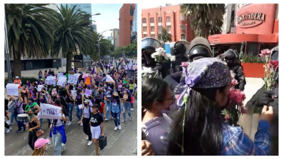 Las manifestantes entregaron flores a las policías