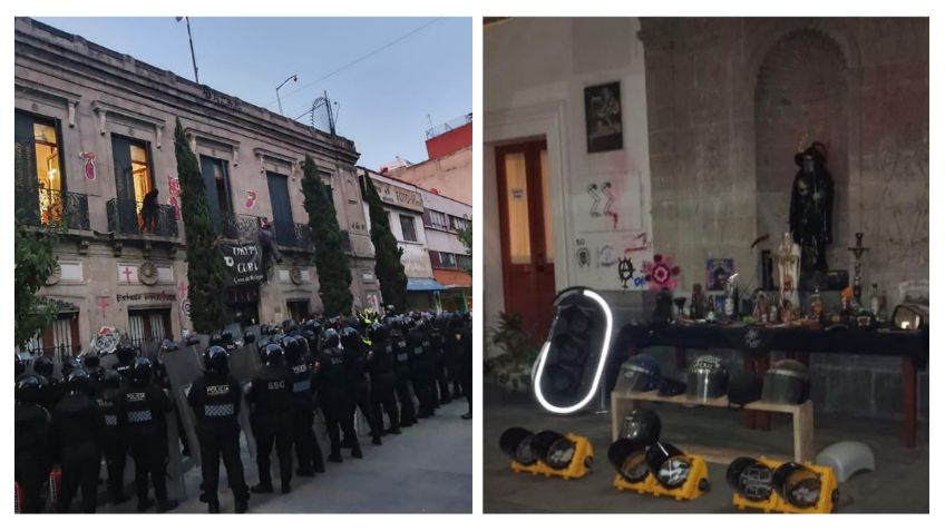 Un altar a la Santa Muerte, alcohol y autopartes: esto halló la policía en edificio ocupado por encapuchadas | FOTOS