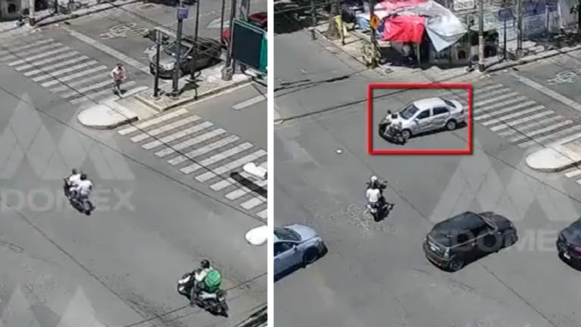 Así salieron volando 3 jóvenes que viajaban en moto tras chocar con un auto en Naucalpan: VIDEO