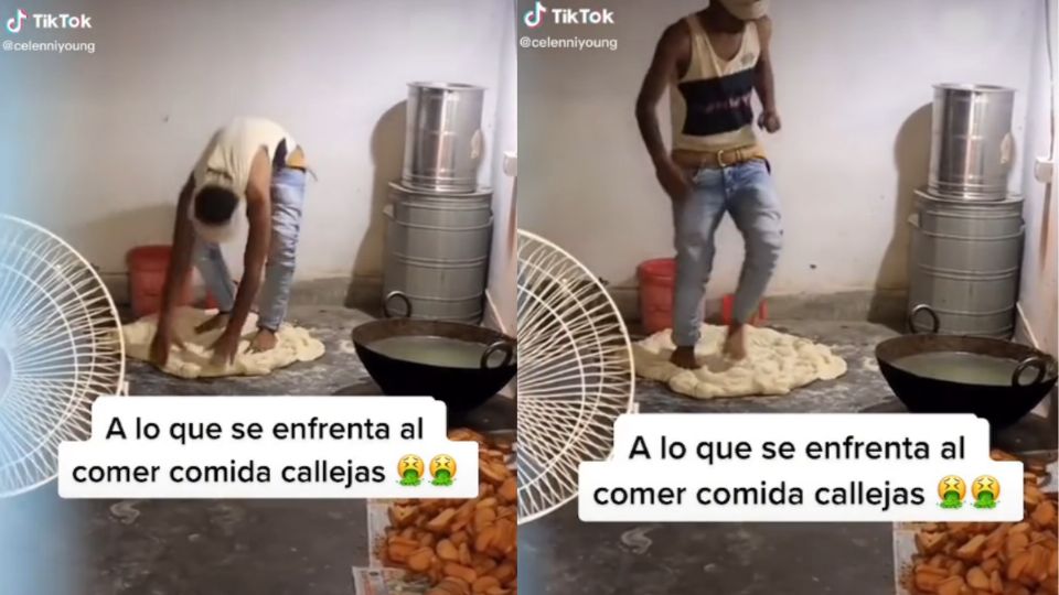 El hombre fue captado preparando la masa con los pies