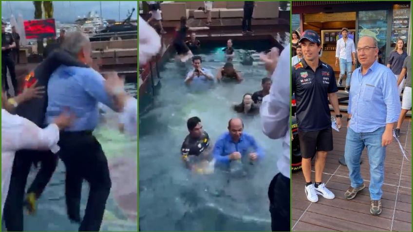 Felipe Calderón brinca a una piscina con Checo Pérez tras el GP de Mónaco | VIDEO