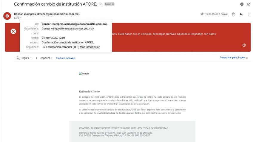 ¿Recibiste un correo de un supuesto cambio de Afore? Ten mucho cuidado, puede ser un fraude