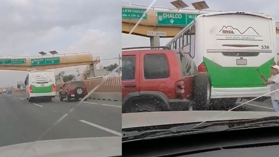 El camión logra orillar a la camioneta y un sujeto intenta una agresión