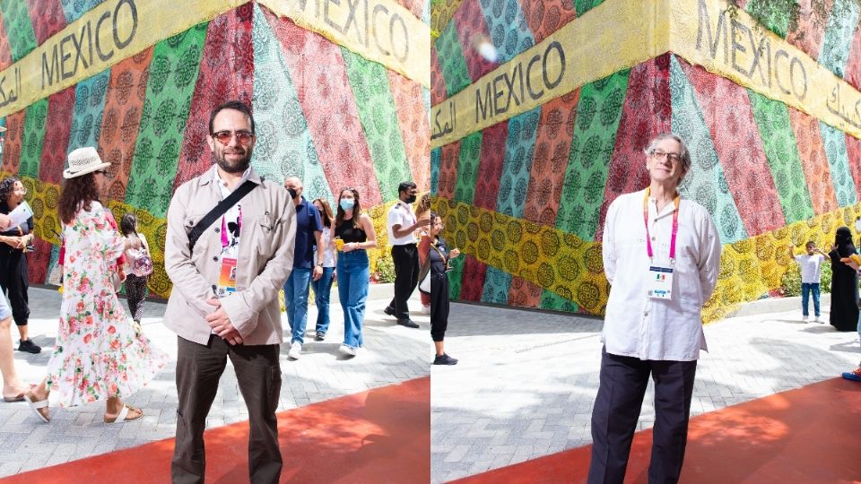 Maruan Soto Antaki y Alberto Ruy Sánchez en la fachada del Pabellón de México en Expo 2020