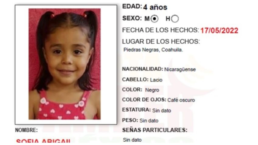 Ayúdanos a encontrar a Sofía Abigail Caballero Huete de 4 años; Activan Alerta Amber tras extraviarse en Piedras Negras, Coahuila