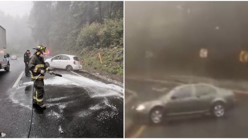 Asfalto mojado, niebla y velocidad: así es como automovilistas vuelcan en la México-Toluca | VIDEO