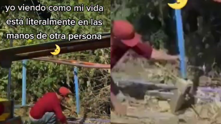 Hombre repara juego mecánico en movimiento con un pedazo de madera | VIDEO