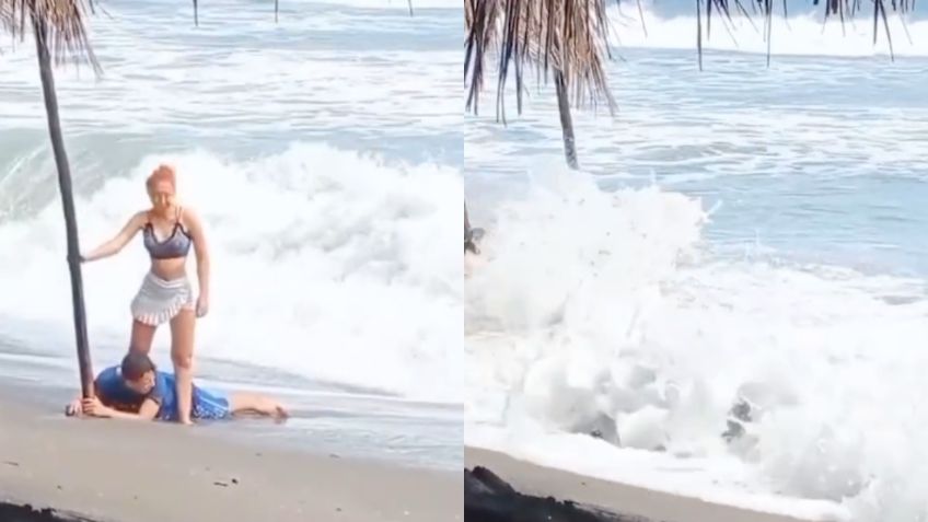 Turistas viven terrorífico momento al casi ser arrastrados y tragados por mar de fondo en playa mexicana | VIDEO