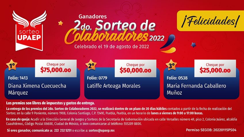 Conoce a los ganadores de nuestro 2do. Sorteo de Colaboradores UPAEP 2022