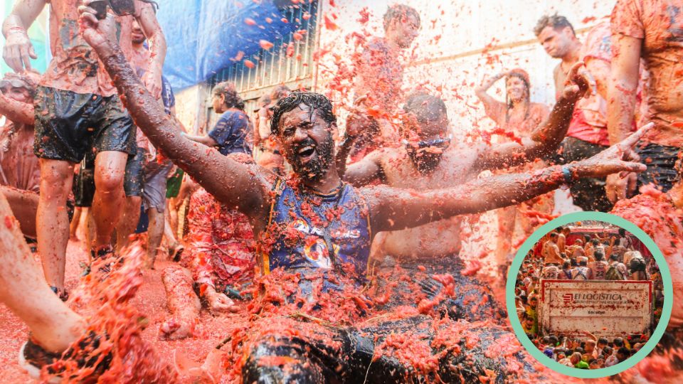 Fiesta anual 'Tomatina', la pelea de tomates en el pueblo de Buñol, cerca de Valencia, España.
