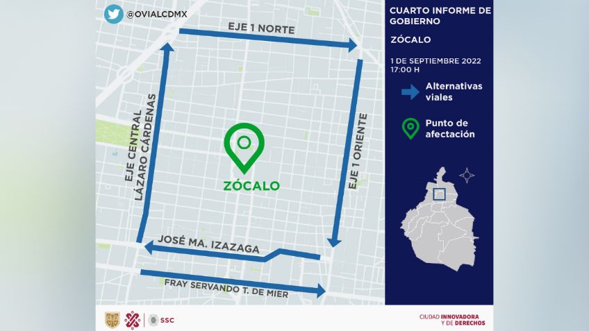 Cuarto informe de gobierno de AMLO: Alternativas viales por cierres en el Zócalo