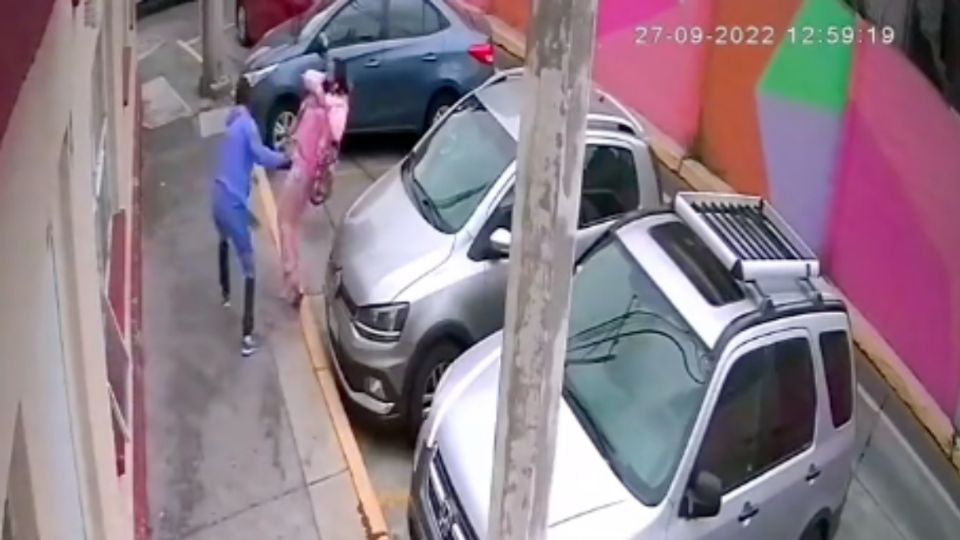 La mujer sale volando y pierde su celular pese a los gritos de piedad