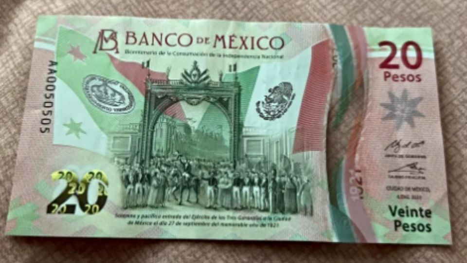 El billete de 20 pesos que se vende a través de Mercado Libre. FOTO: Mercado Libre