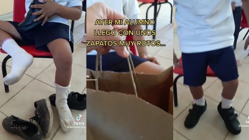 Maestra se vuelve viral al regalarle unos zapatos a su alumno; los suyos estaban rotos