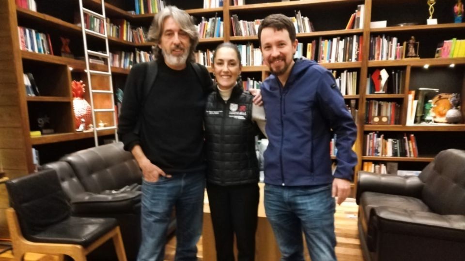 Claudia Sheinbaum junto a Pablo Iglesias y Alfredo Serrano