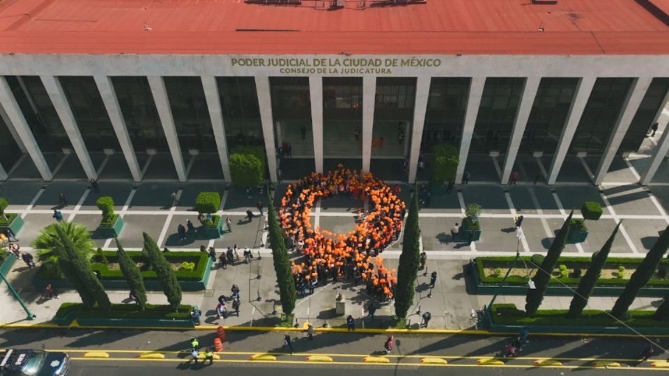 En el marco del Día Internacional de la Eliminación de la Violencia contra la Mujer, magistradas, magistrados, titulares del Consejo de la Judicatura formaron un moño humano naranja