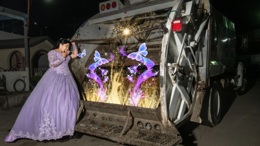 En sesión de fotos con camión de basura, quinceañera exhibe orgullo por el trabajo de su papá