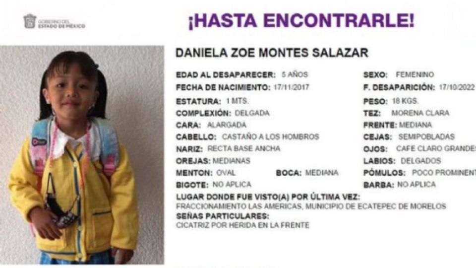 Daniela pesa 18 kilogramos, es de tez morena clara, frente mediana, cejas semipobladas y ojos grandes color cafe. Entre sus señas particulares se encuentran una cicatriz por herida en la frente