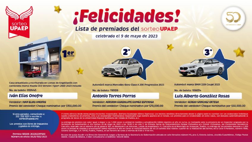 Lista de premiados del Sorteo UPAEP celebrado el 9 de mayo de 2023