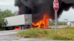 VIDEO: choque de tráileres provoca incendio y severa afectacion vial en Tamaulipas