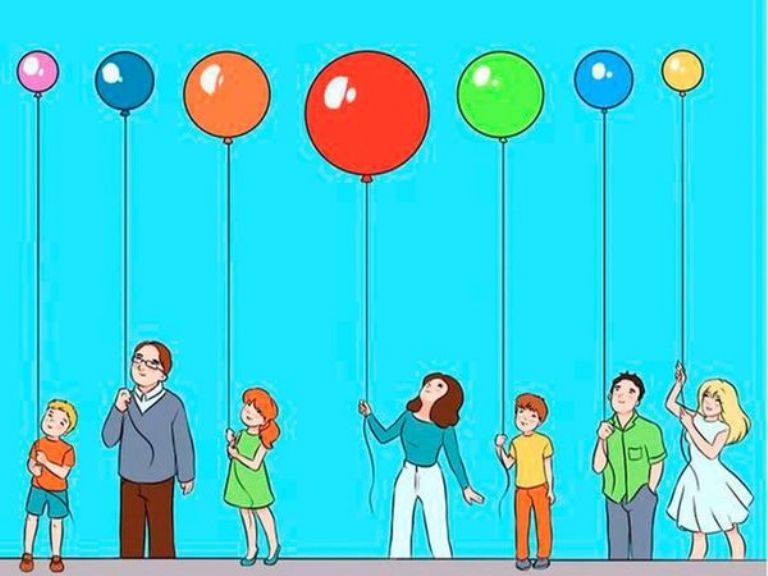 personas con siete globos de colores