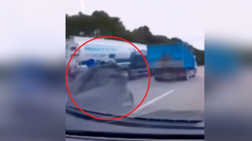 La lona cubrió por completo la motocicleta y al conductor provocando que impactara contra las llantas del tráiler