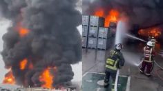 Bomberos luchan contra feroz incendio en una fábrica de químicos de San Vicente Chicoloapan, Edomex