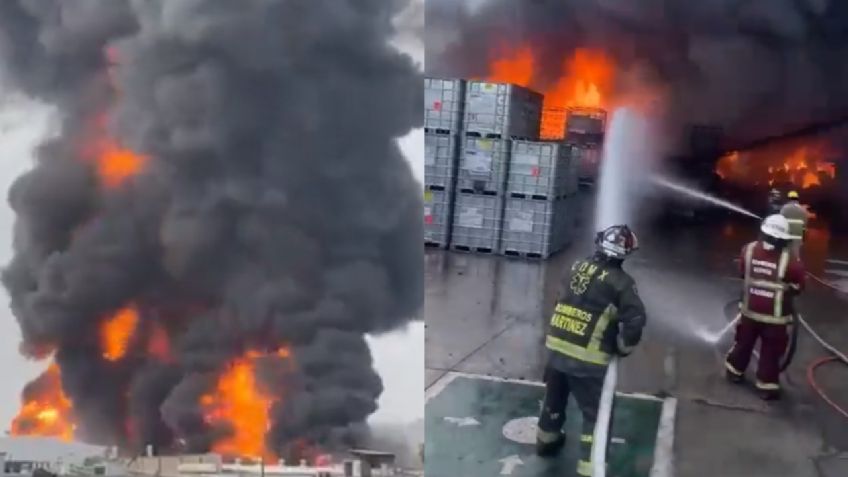 Bomberos luchan contra feroz incendio en una fábrica de químicos de San Vicente Chicoloapan, Edomex