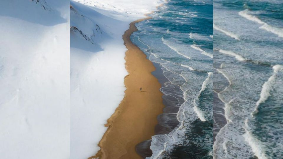 Hokkaido, Japón. Fotografía de la curiosa playa donde se juntan la nieve, la arena y el mar.