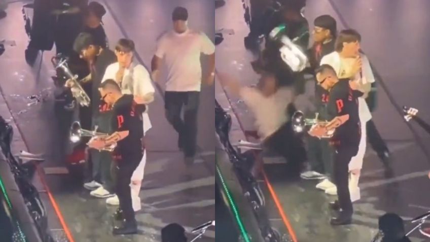 VIDEO: seguridad de Peso Pluma taclea a fan que subió al escenario, así reaccionó el cantante