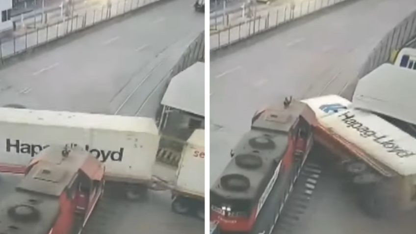 VIDEO: tráiler intenta ganarle el paso al tren y es embestido en Manzanillo, Colima