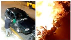 VIDEO: presunto extorsionador prende fuego a coche y resulta quemado