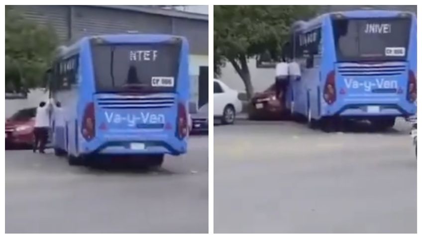 VIDEO: autobús de pasajeros choca contra un auto, el chofer se bajó de la unidad y no puso freno de mano