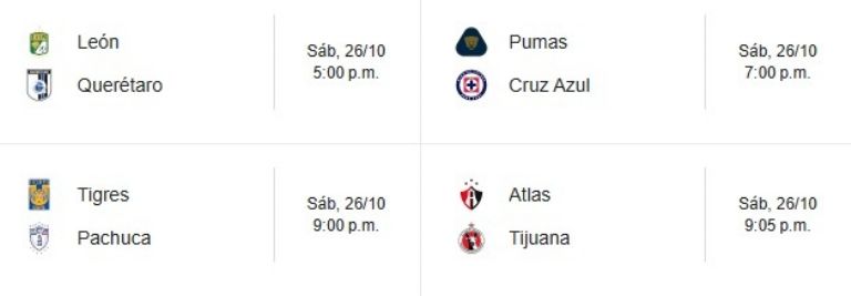 partidos liga mx sabado 26 de octubre pumas vs cruz azul