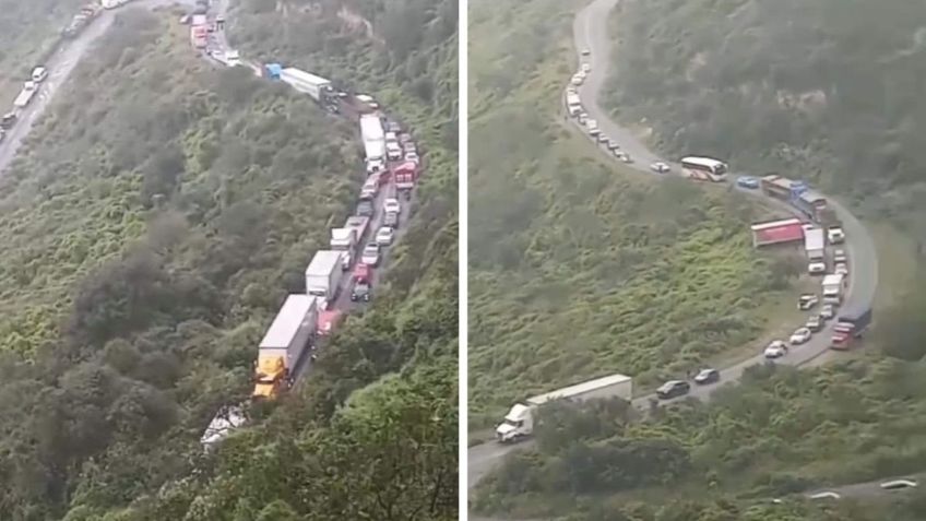 Caos vial en Cumbres de Acultzingo por derrumbe en la Autopista Puebla - Orizaba; filas rebasan los 10 km