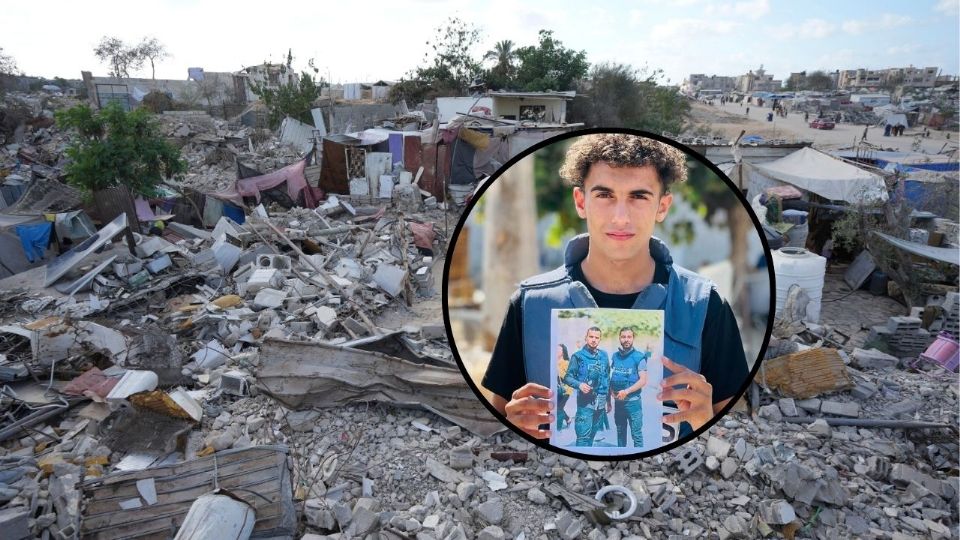 Una foto de una vivienda destrozada en el campamento de refugiados de Khan Younis, en Gaza, y una imagen del periodista muerto este domingo.