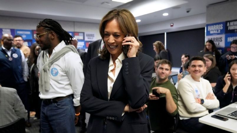 Kamala Harris, durante su aparición la tarde de este martes en la sede de los demócratas.