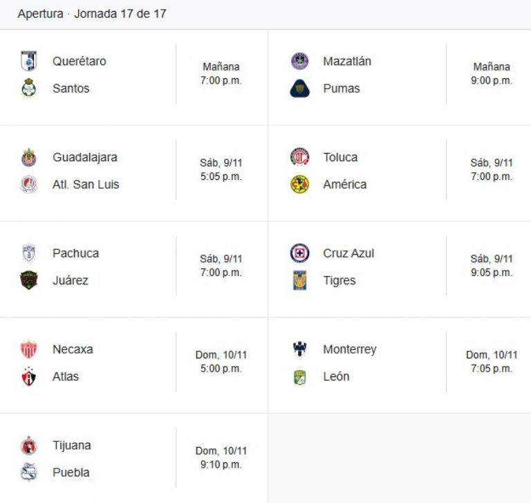 partidos jornada 17 apertura 2024 fechas horarios transmisión