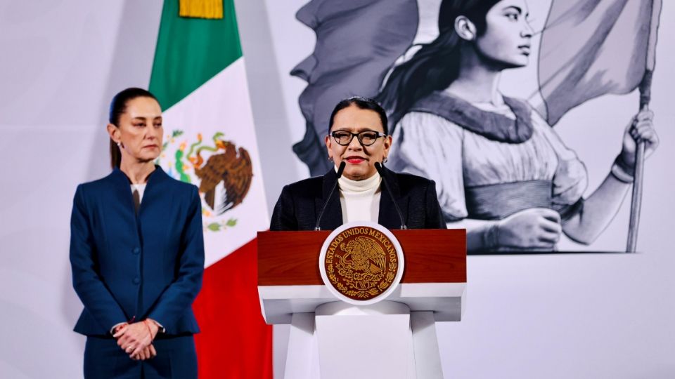 La secretaria de Gobernación, Rosa Icela Rodríguez, en la conferencia mañanera de la Presidenta de México, Claudia Sheinbaum Pardo.