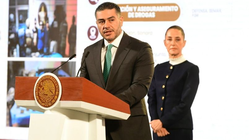 El secretario de Seguridad, Omar García Harfuch durante la conferencia mañanera