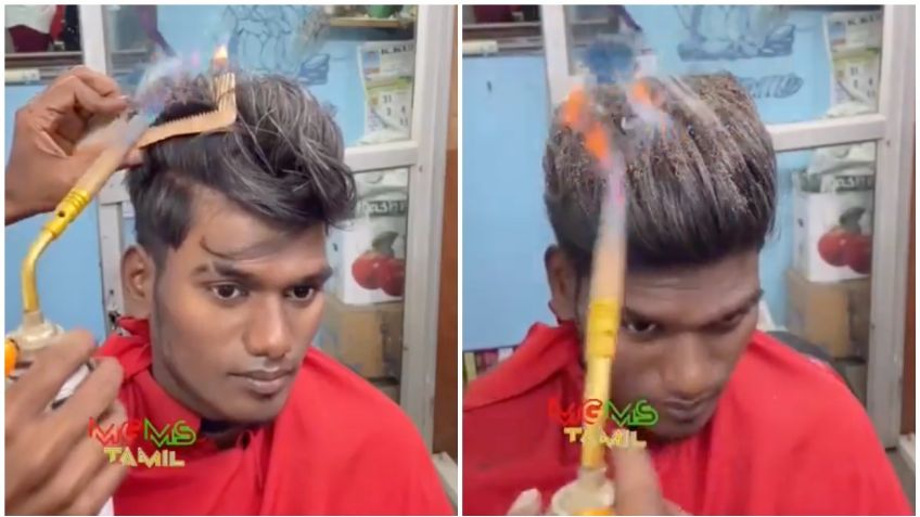 Barbero se vuelve viral por cortarle el pelo a su cliente, ¡con un soplete!