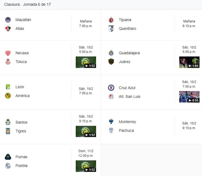 partidos jornada 6 clausura 2024