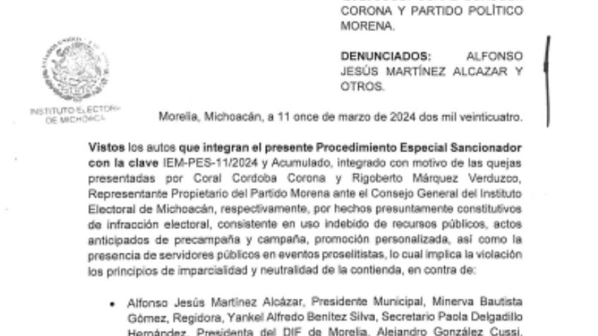 Instituto Electoral de Michoacán dicta medidas cautelares contra alcalde Alfonso Martínez