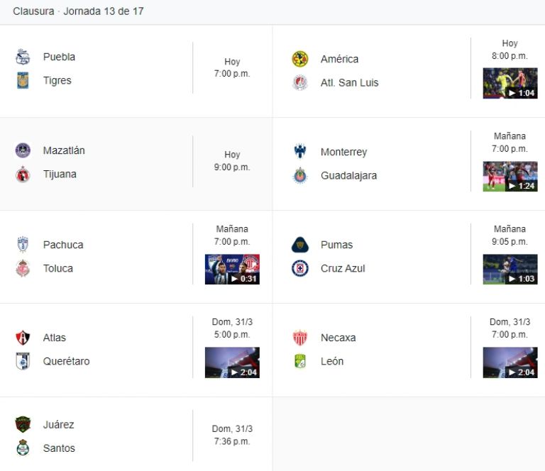 partidos jornada 13 en vivo liga mx