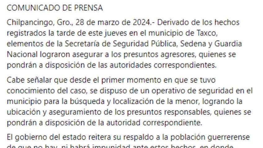 Gobierno de Guerrero sobre caso Camila: "No habrá impunidad ante estos hechos"