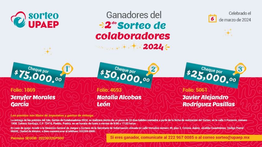 2do Sorteo de Colaboradores UPAEP: conoce a los afortunados ganadores